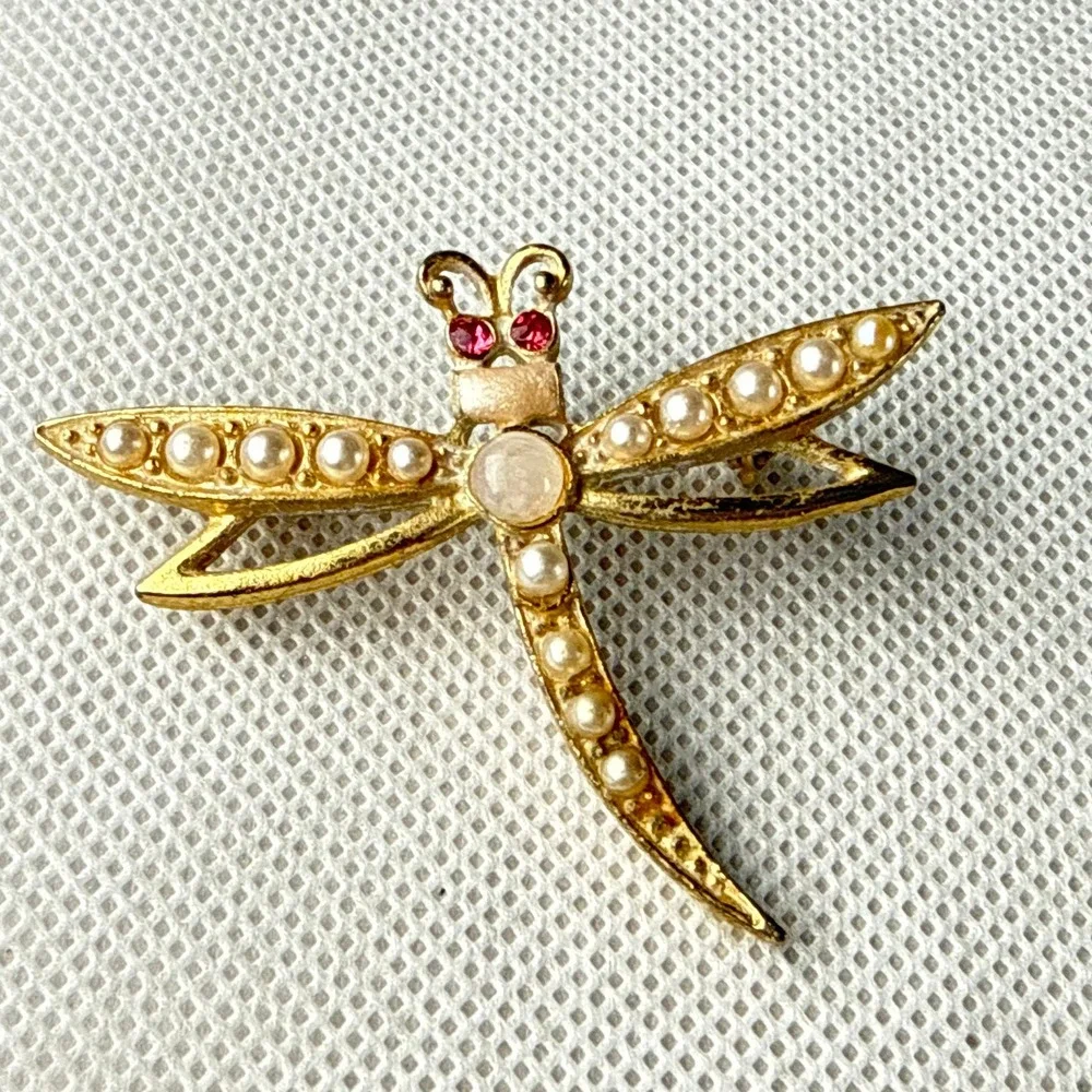 Vintage Brooch Lot 2‎ Butterfly Red Enamel Dragonfly Faux Pearl Gold Tone Pins